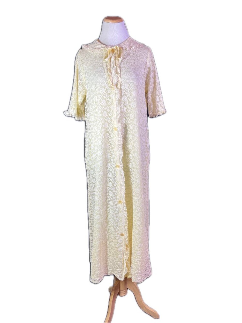 Vintage Women's Button-Front Long Housecoat Lace Overlay *Wear